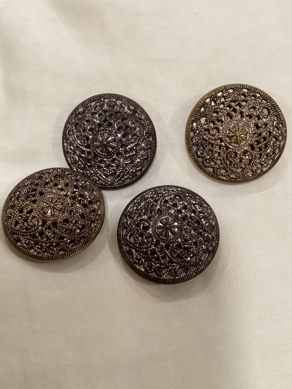 Vintage-Filigree Mirror Dome Buttons, Rare set/4 Shank style circa 1950